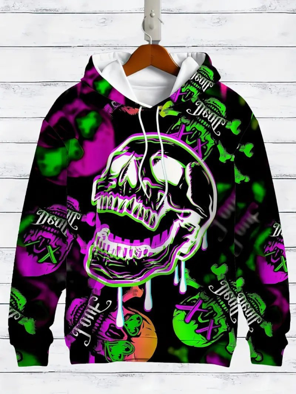 Kapucnis pulóver 3D digitális nyomtatással, koponya mintával, 96% poliészter, laza fazon