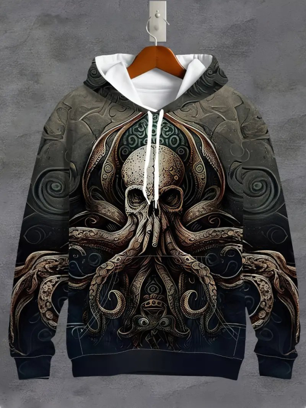 Kapucnis pulóver 3D digitális nyomtatással, koponya mintával, 96% poliészter, laza fazon