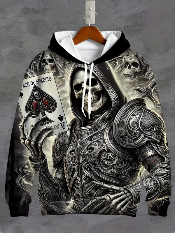 Kapucnis pulóver 3D digitális nyomtatással, koponya mintával, 96% poliészter, laza fazon