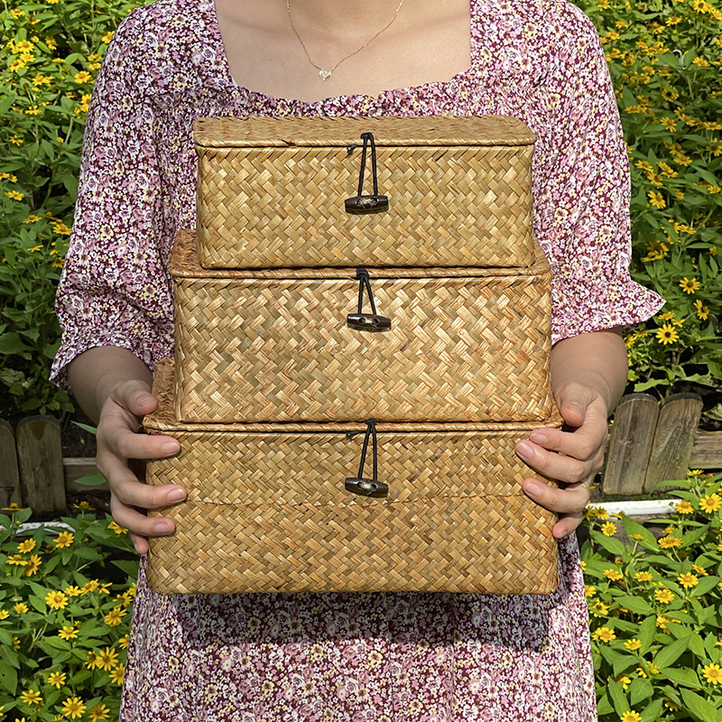 Kvadratna pletena kutija za pohranu s poklopcem (Brand: Tide weaving process; Materijal: Willow/Straw; Model: Square; Primjena: Kozmetika/Ukras, Knjige i časopisi, Slušalice kabeli)