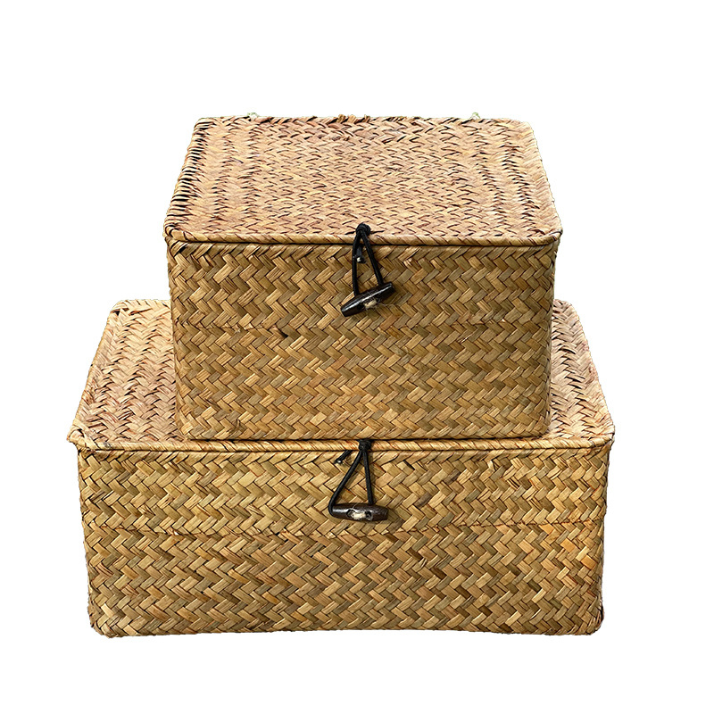 Kvadratna pletena kutija za pohranu s poklopcem (Brand: Tide weaving process; Materijal: Willow/Straw; Model: Square; Primjena: Kozmetika/Ukras, Knjige i časopisi, Slušalice kabeli)