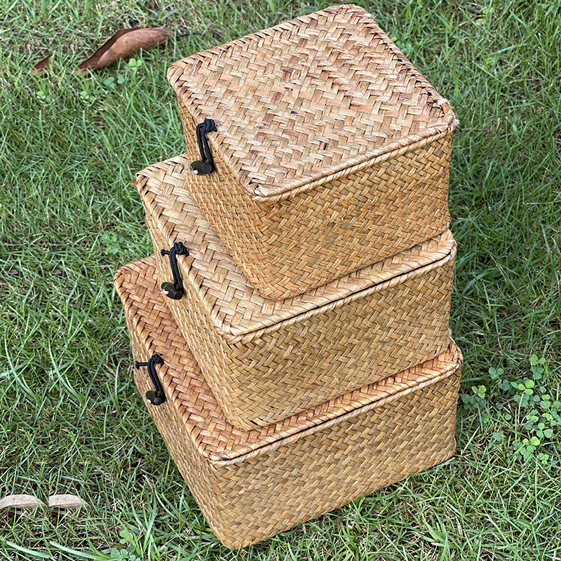 Kvadratna pletena kutija za pohranu s poklopcem (Brand: Tide weaving process; Materijal: Willow/Straw; Model: Square; Primjena: Kozmetika/Ukras, Knjige i časopisi, Slušalice kabeli)