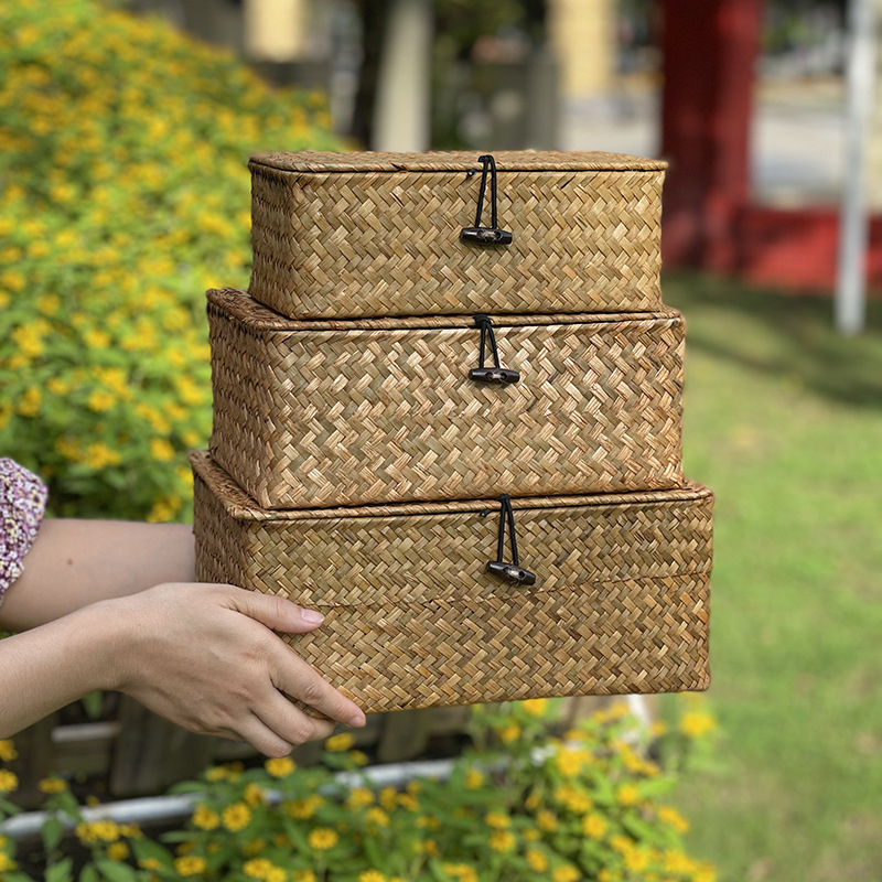 Kvadratna pletena kutija za pohranu s poklopcem (Brand: Tide weaving process; Materijal: Willow/Straw; Model: Square; Primjena: Kozmetika/Ukras, Knjige i časopisi, Slušalice kabeli)