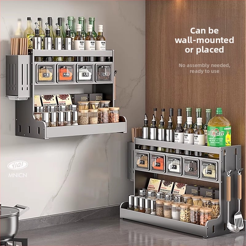 Virtuvės prieskonių laikiklis ir peilių laikiklis, nerūdijantis plienas + Space aliuminis, judantis, daugiafunkcinis, nereikia įrengti, šiuolaikiškas minimalistinis dizainas