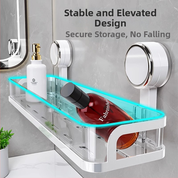 Οργανωτής τοίχου μπάνιου με βεντούζα – PET + Ανοξείδωτο ατσάλι, ένα ράφι, ελαφρύ πολυτελές στυλ, CE πιστοποίηση