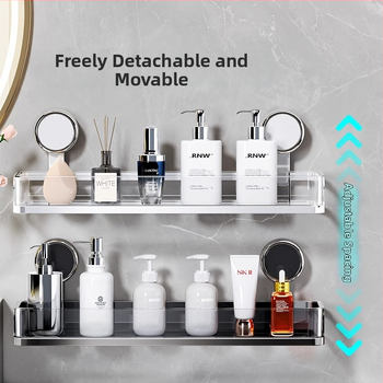 Οργανωτής τοίχου μπάνιου με βεντούζα – PET + Ανοξείδωτο ατσάλι, ένα ράφι, ελαφρύ πολυτελές στυλ, CE πιστοποίηση