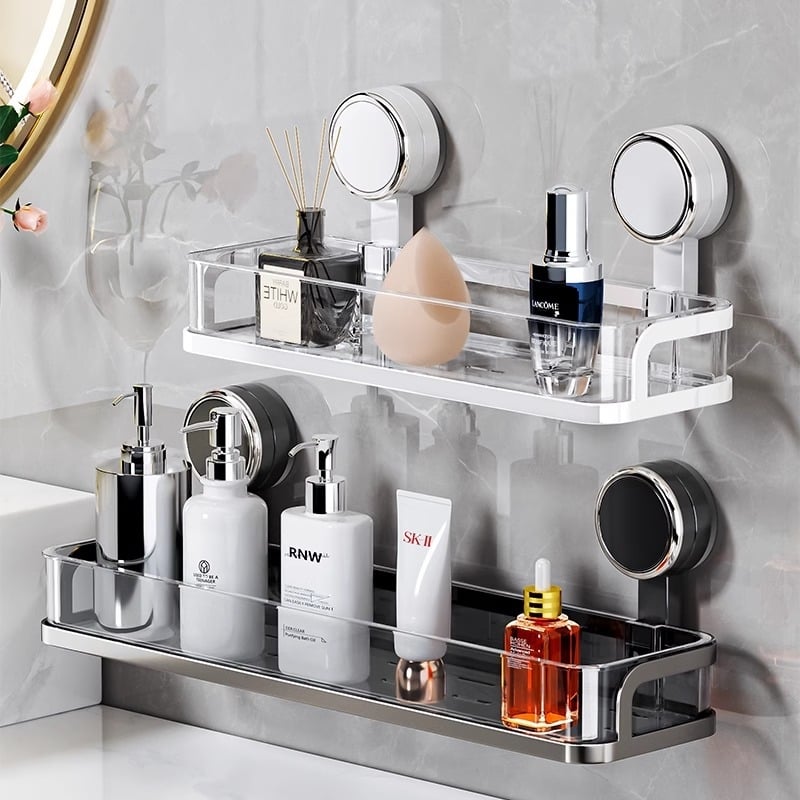 Sienas uzglabāšanas organizers vannas istabai ar sūkņa vāciņu – PET + nerūsējošais tērauds, viens līmenis, gaišs luksusa stils, CE sertifikāts