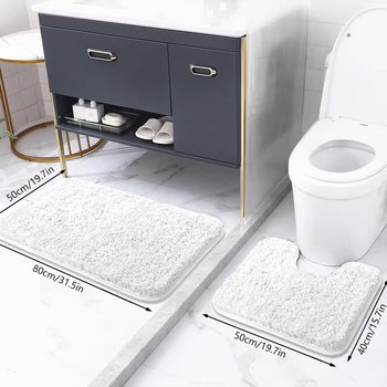 Vonios kilimėlių komplektas su neslystančia danga – pūkuotas, poliesterio pluoštas, kvadratinės formos, skalbiamas mašinoje