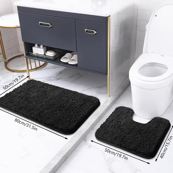 Vonios kilimėlių komplektas su neslystančia danga – pūkuotas, poliesterio pluoštas, kvadratinės formos, skalbiamas mašinoje