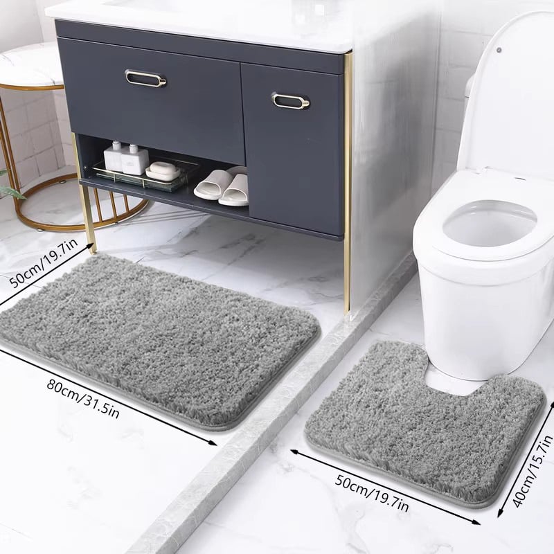 Vonios kilimėlių komplektas su neslystančia danga – pūkuotas, poliesterio pluoštas, kvadratinės formos, skalbiamas mašinoje