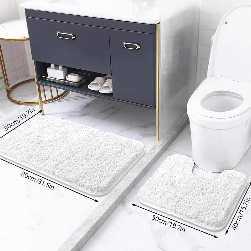 Vonios kilimėlių komplektas su neslystančia danga – pūkuotas, poliesterio pluoštas, kvadratinės formos, skalbiamas mašinoje