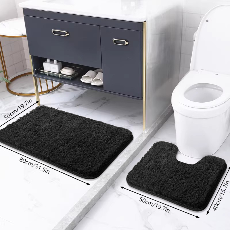 Vonios kilimėlių komplektas su neslystančia danga – pūkuotas, poliesterio pluoštas, kvadratinės formos, skalbiamas mašinoje