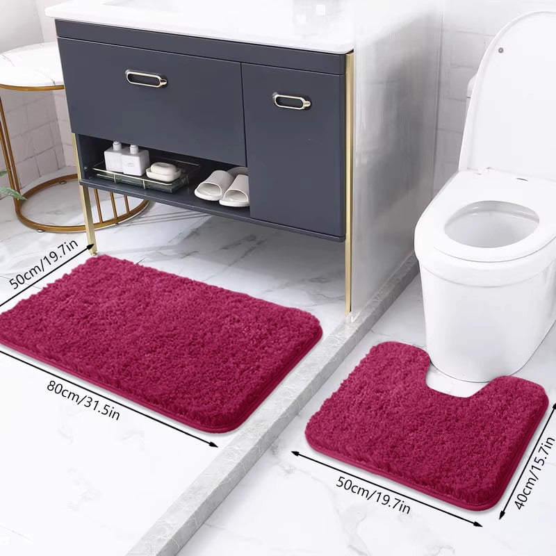 Vonios kilimėlių komplektas su neslystančia danga – pūkuotas, poliesterio pluoštas, kvadratinės formos, skalbiamas mašinoje