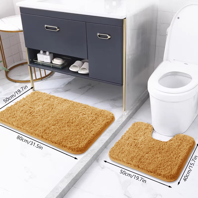 Vonios kilimėlių komplektas su neslystančia danga – pūkuotas, poliesterio pluoštas, kvadratinės formos, skalbiamas mašinoje