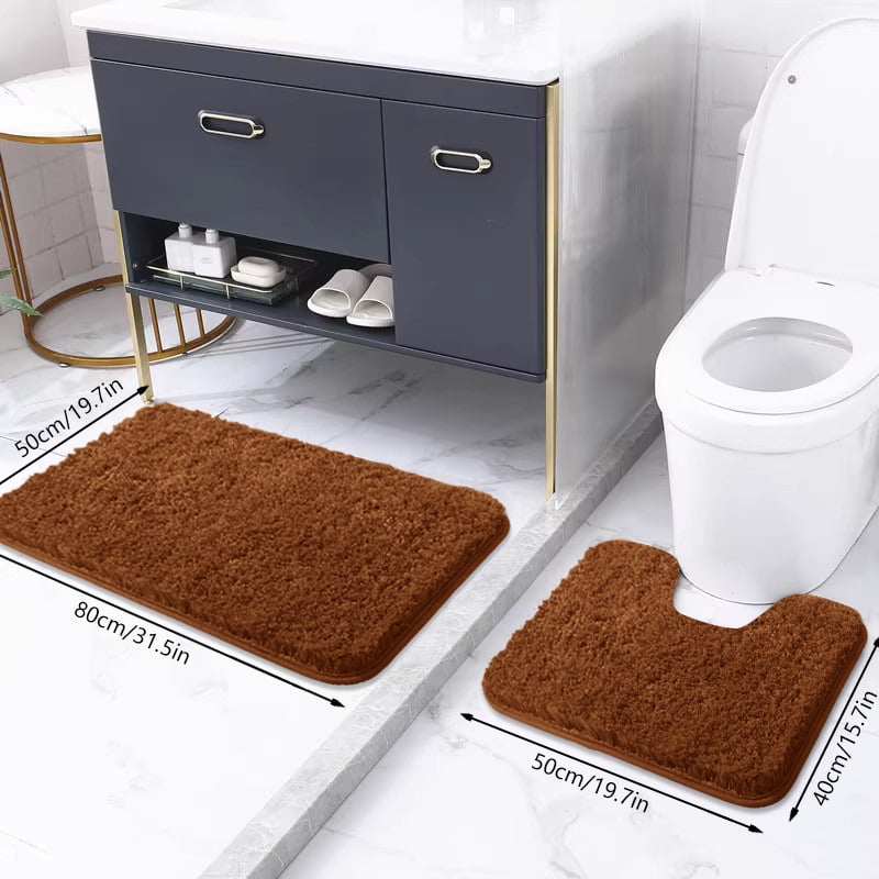 Vonios kilimėlių komplektas su neslystančia danga – pūkuotas, poliesterio pluoštas, kvadratinės formos, skalbiamas mašinoje