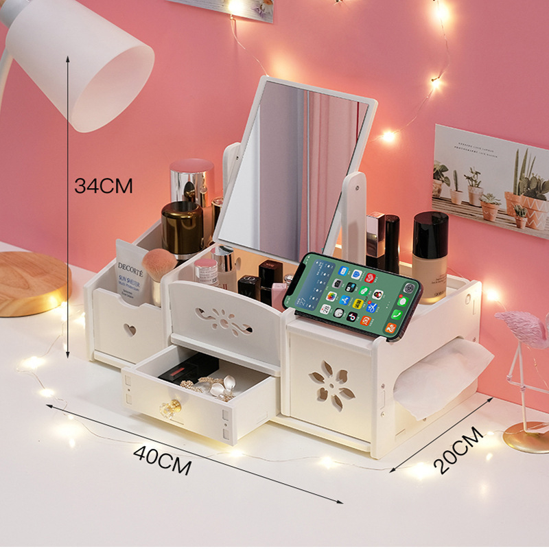 Cutie de depozitare pentru cosmetică cu masă de toaletă și dulap oglindă încorporat – din plastic, stil modern minimalist, brand Huishijia, logo tipărit