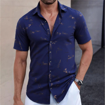 Ανδρικό πουκάμισο - Πολυεστερική Μίξη, Γρήγορο Στέγνωμα, Χωρίς Σιδέρωμα, Jacquard Φλοράλ Μοτίβο, Κοντό Μανίκι