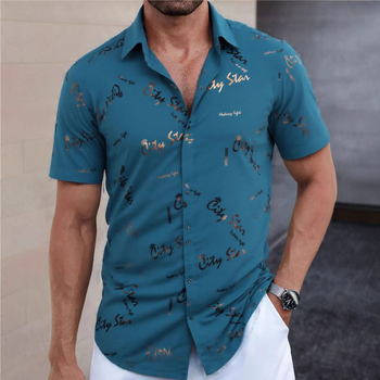 Ανδρικό πουκάμισο - Πολυεστερική Μίξη, Γρήγορο Στέγνωμα, Χωρίς Σιδέρωμα, Jacquard Φλοράλ Μοτίβο, Κοντό Μανίκι