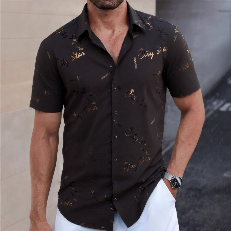 Мъжка риза - полиестерова смес, бързосъхнеща, без гладене, жакардов флорален принт, къс ръкав