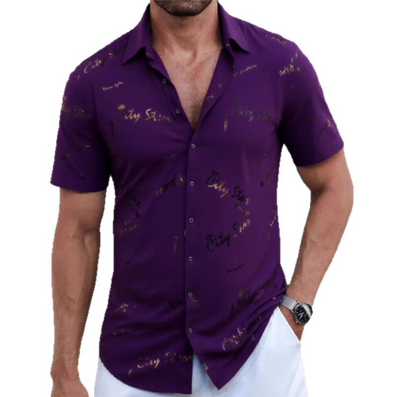 Мъжка риза - полиестерова смес, бързосъхнеща, без гладене, жакардов флорален принт, къс ръкав