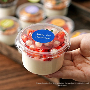 Deserto puodelių pakuotė (apvalios formos, iš plastiko, talpa mažiau nei 100 ml, skirtos pieno arbatinių parduotuvėms, mikrobangų krosnelė neprieinama)