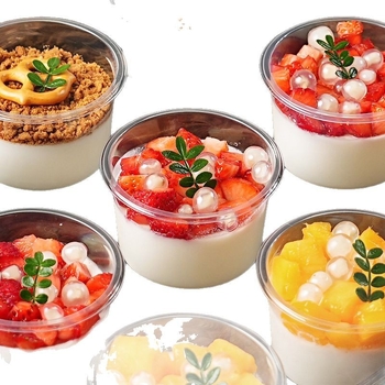 Deserto puodelių pakuotė (apvalios formos, iš plastiko, talpa mažiau nei 100 ml, skirtos pieno arbatinių parduotuvėms, mikrobangų krosnelė neprieinama)