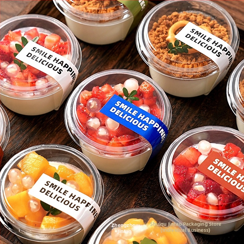 Obal na poháriky na dezert (guľatý, z plastu, objem pod 100 ml, pre obchody s čajom s mliekom, mikrovlnná rúra nie je k dispozícii)