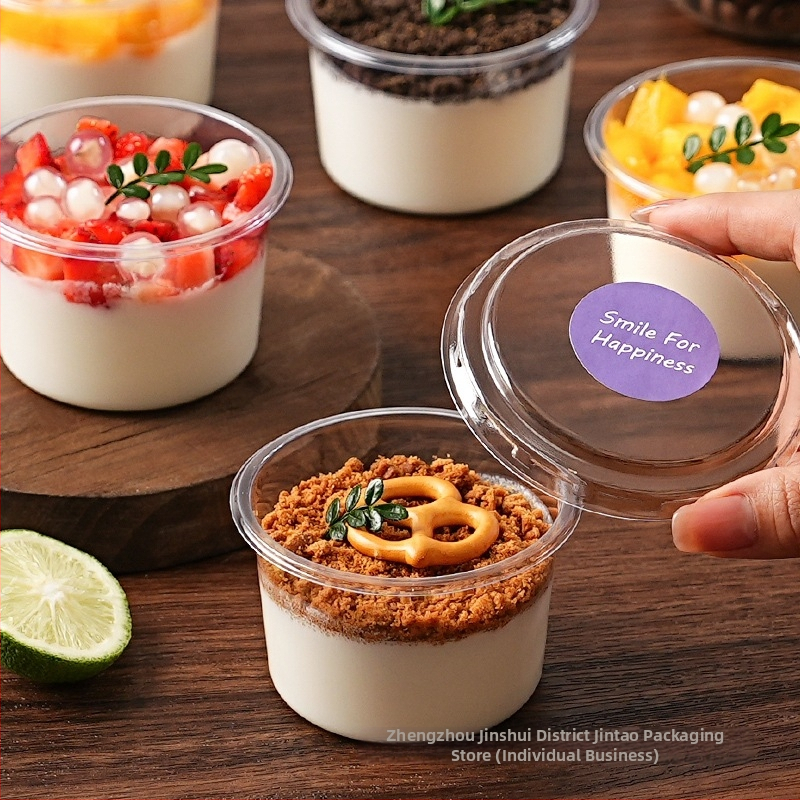 Obal na poháriky na dezert (guľatý, z plastu, objem pod 100 ml, pre obchody s čajom s mliekom, mikrovlnná rúra nie je k dispozícii)