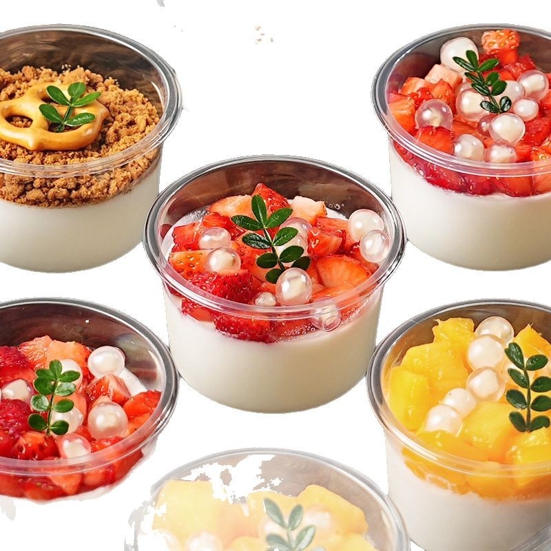 Deserto puodelių pakuotė (apvalios formos, iš plastiko, talpa mažiau nei 100 ml, skirtos pieno arbatinių parduotuvėms, mikrobangų krosnelė neprieinama)