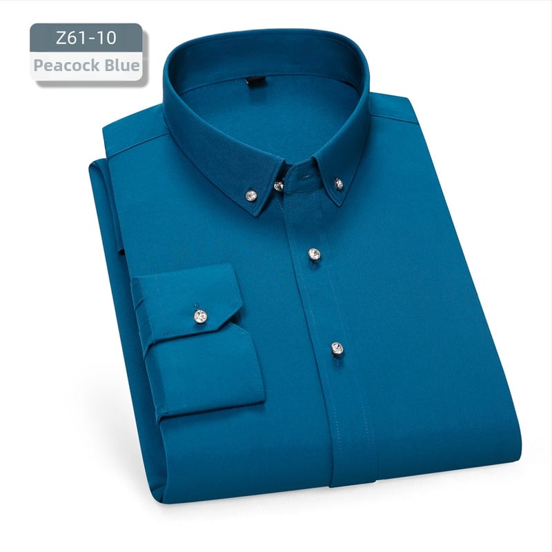 Мъжка риза – слим-fit кройка, квадратна яка, дълъг ръкав, боядисана по прежда, полиестерова смес