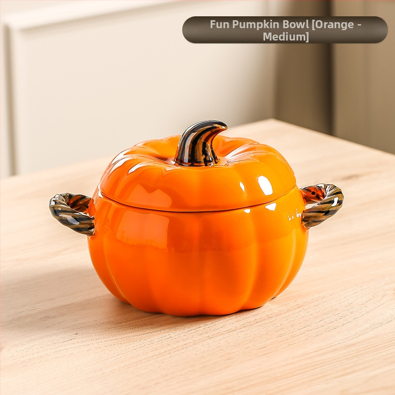 Κεραμικό μπολ σούπας με καπάκι, σχέδιο κολοκύθας, διπλά αυτιά, στρογγυλό, κατάλληλο για μικροκύματα