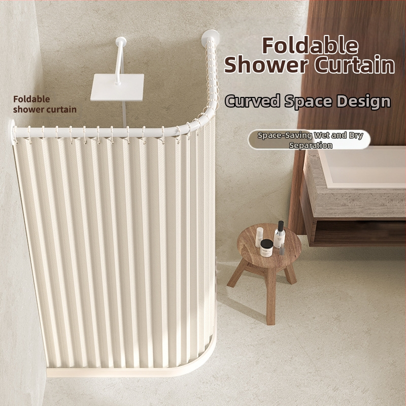 Κυρτή αναδιπλούμενη κουρτίνα ντους για μπάνιο, αδιάβροχη, διαχωρισμός στεγνό-υγρό, υλικό πολυεστέρας, μοντέρνο μινιμαλιστικό στυλ, μάρκα Makuo, μοντέλο Xh-hx01, επιλογές προσαρμογής: εκτύπωση, σχέδιο, επεξεργασία
