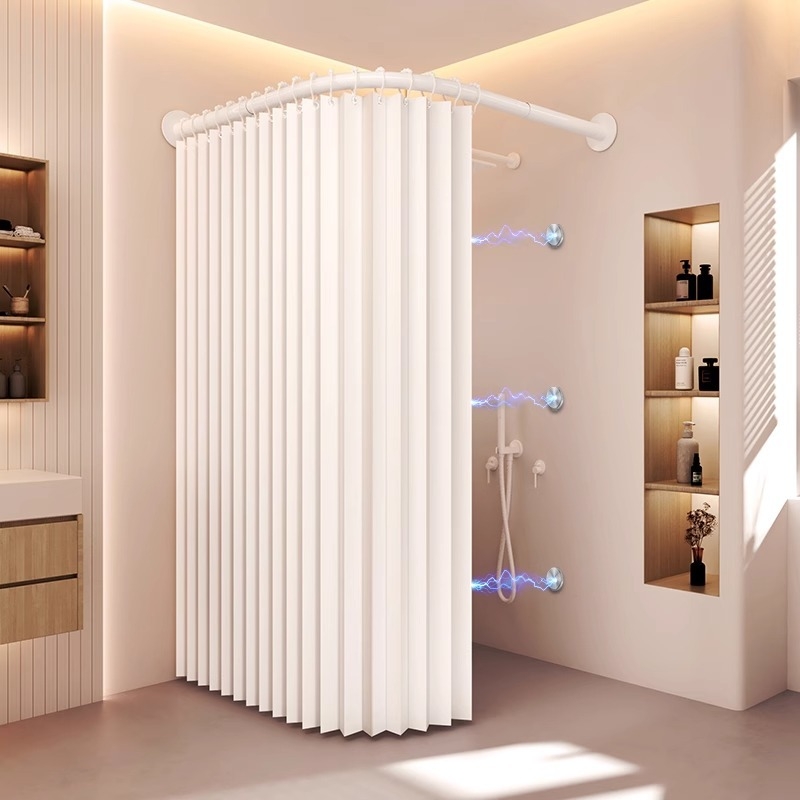 Κυρτή αναδιπλούμενη κουρτίνα ντους για μπάνιο, αδιάβροχη, διαχωρισμός στεγνό-υγρό, υλικό πολυεστέρας, μοντέρνο μινιμαλιστικό στυλ, μάρκα Makuo, μοντέλο Xh-hx01, επιλογές προσαρμογής: εκτύπωση, σχέδιο, επεξεργασία