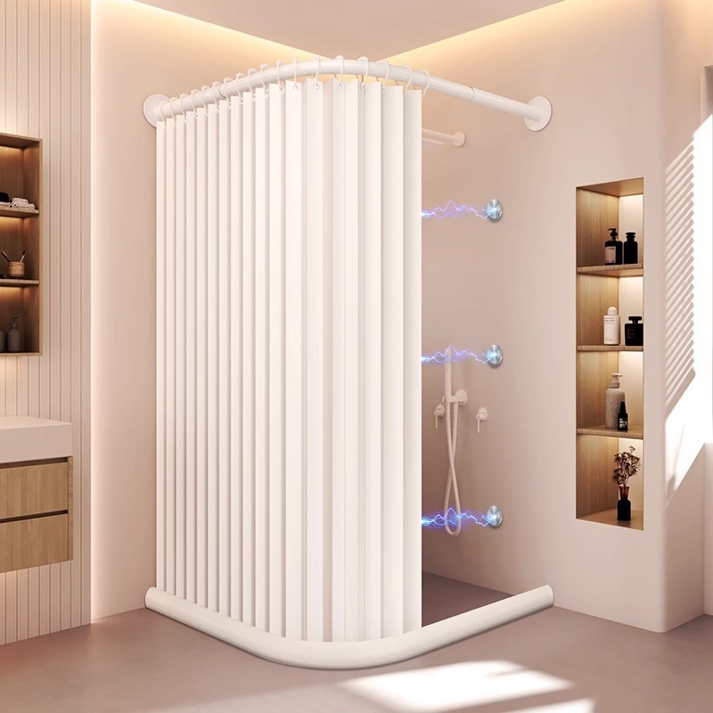 Κυρτή αναδιπλούμενη κουρτίνα ντους για μπάνιο, αδιάβροχη, διαχωρισμός στεγνό-υγρό, υλικό πολυεστέρας, μοντέρνο μινιμαλιστικό στυλ, μάρκα Makuo, μοντέλο Xh-hx01, επιλογές προσαρμογής: εκτύπωση, σχέδιο, επεξεργασία