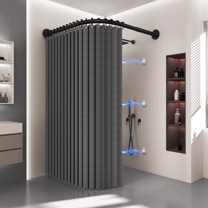 Κυρτή αναδιπλούμενη κουρτίνα ντους για μπάνιο, αδιάβροχη, διαχωρισμός στεγνό-υγρό, υλικό πολυεστέρας, μοντέρνο μινιμαλιστικό στυλ, μάρκα Makuo, μοντέλο Xh-hx01, επιλογές προσαρμογής: εκτύπωση, σχέδιο, επεξεργασία