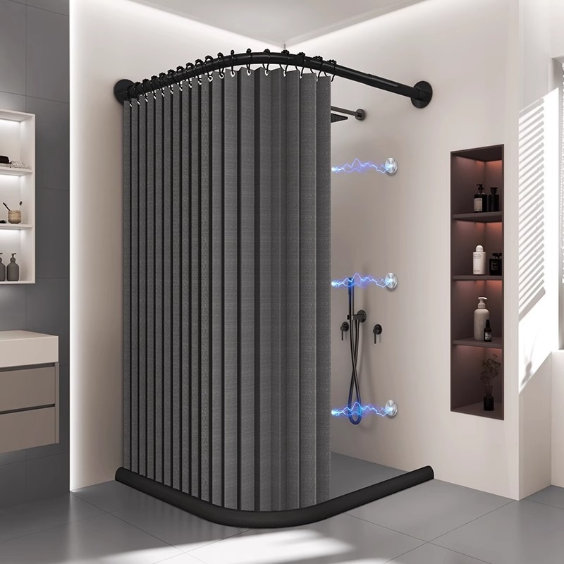 Κυρτή αναδιπλούμενη κουρτίνα ντους για μπάνιο, αδιάβροχη, διαχωρισμός στεγνό-υγρό, υλικό πολυεστέρας, μοντέρνο μινιμαλιστικό στυλ, μάρκα Makuo, μοντέλο Xh-hx01, επιλογές προσαρμογής: εκτύπωση, σχέδιο, επεξεργασία