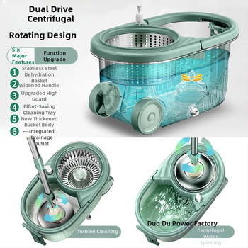 Σετ κάδου σφουγγαρίστρας με περιστροφικό μηχανισμό χωρίς χρήση χεριών, μικροϊνές σφουγγαρίστρας, ράβδος από ανοξείδωτο χάλυβα