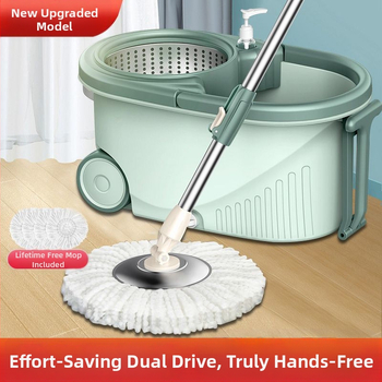 Σετ κάδου σφουγγαρίστρας με περιστροφικό μηχανισμό χωρίς χρήση χεριών, μικροϊνές σφουγγαρίστρας, ράβδος από ανοξείδωτο χάλυβα