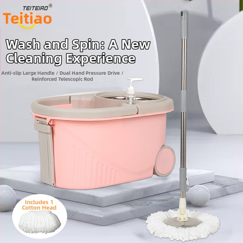 Forgó mop készlet kéz nélküli kicsavarással, mikroszálas mop, rozsdamentes acél rúd