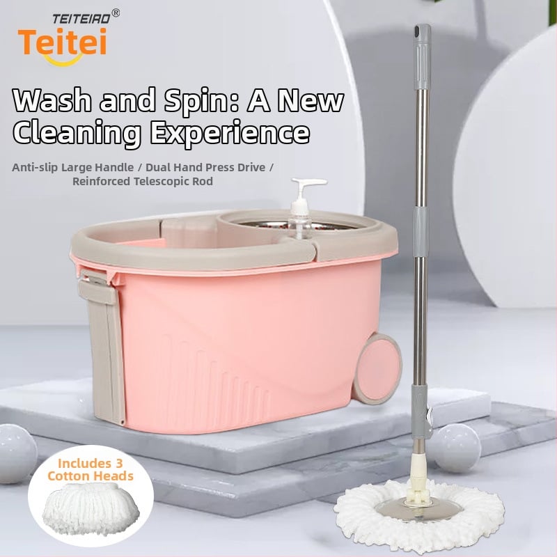 Forgó mop készlet kéz nélküli kicsavarással, mikroszálas mop, rozsdamentes acél rúd