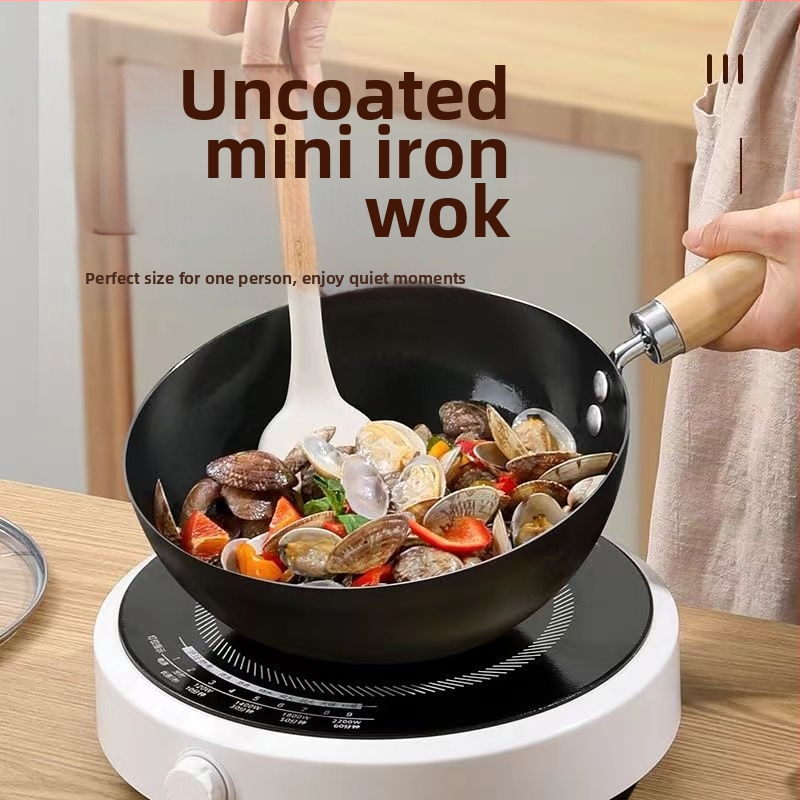 Mini kalto plieno wok su vienu dugnu, 8 cm gylio, stiklinis dangtelis