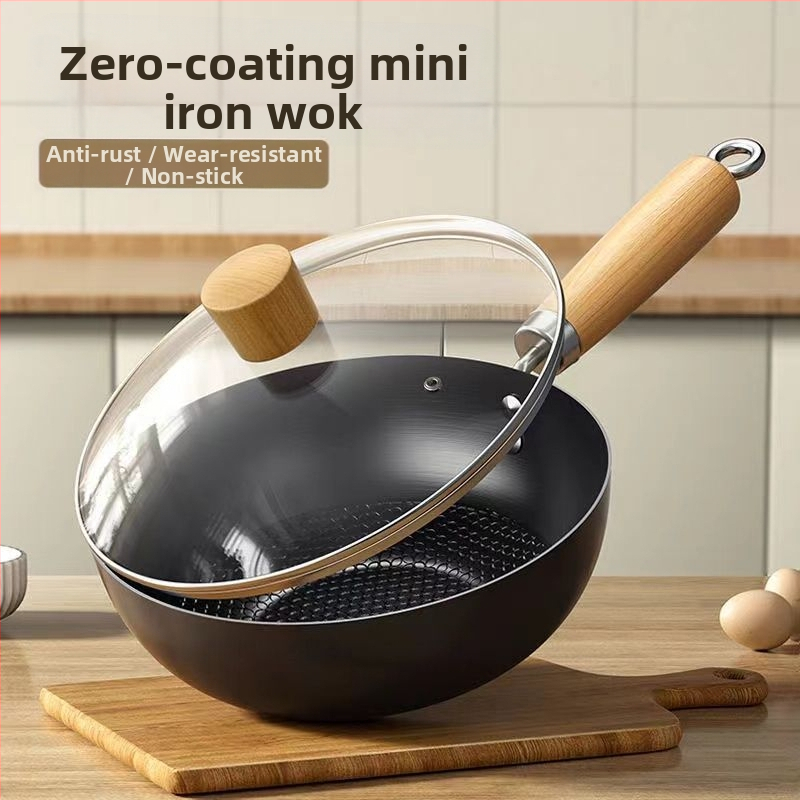 Мини уок от ковано желязо, с едно дъно, дълбочина 8 см, стъклен капак