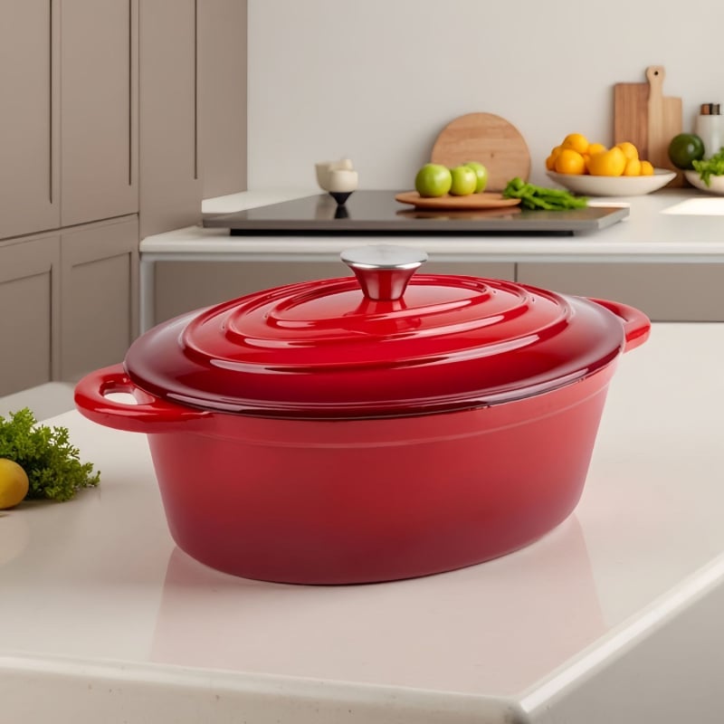 Ovalinis emaliu dengtas keta puodas, storinta konstrukcija, talpa 3,1–4 L, svoris 5,3 kg, gylis 11,5 cm