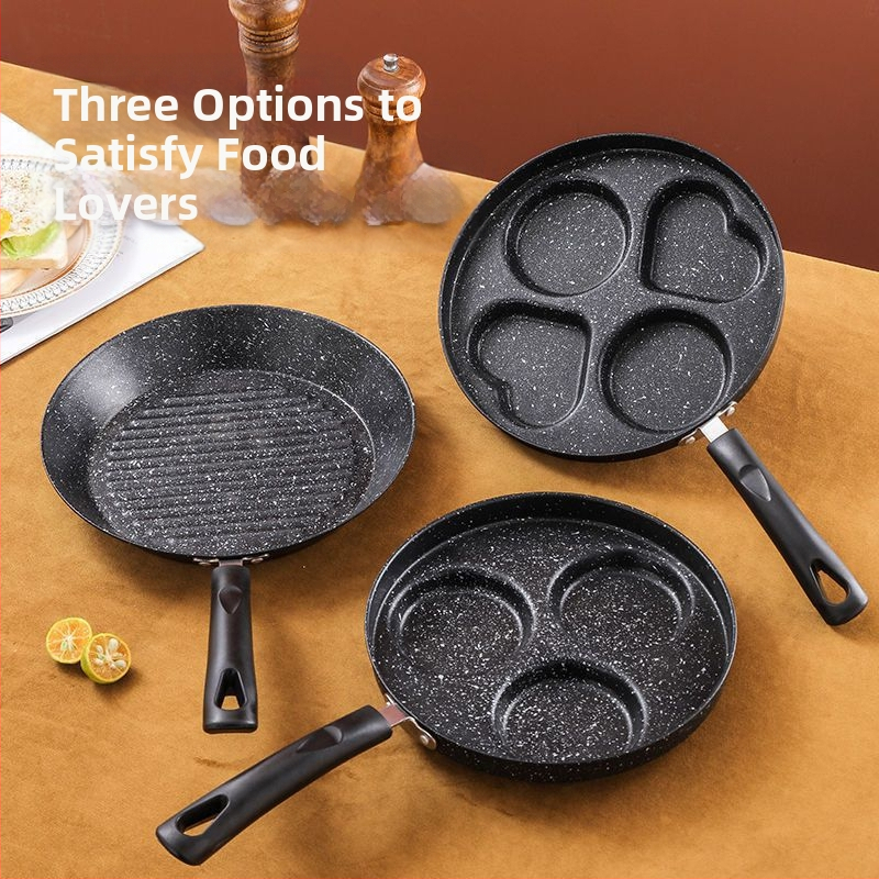 Тиган с незалепващо покритие, сърцевидна форма за яйца, мини с четири отвора, плосък дъно (Модел 01; Материал: Медицински камък; Функция: Незалепващо; Дъно: едносложно; Дълбочина: 3,5 см)