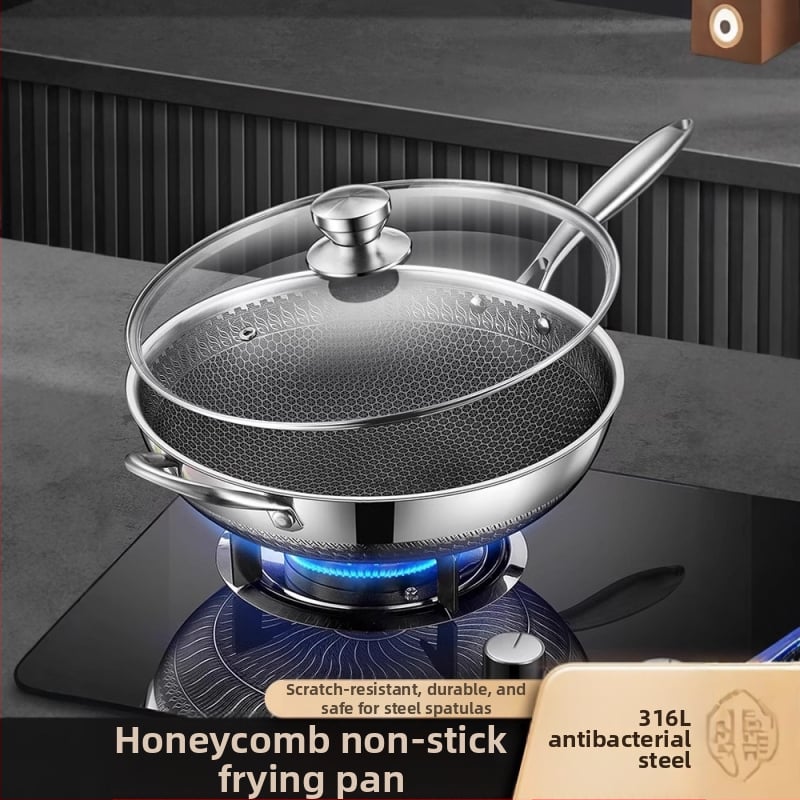 Wok iš nerūdijančio plieno su nelimpančia danga, gilus dugnas, 1 kg, suderinamas su visomis viryklėmis, šiuolaikiškas minimalistinis stilius