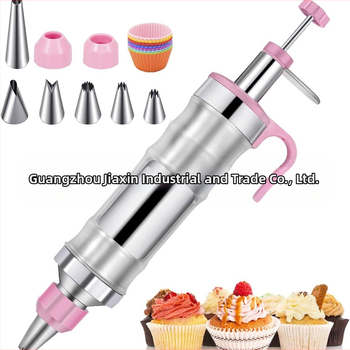 Dekoravimo šautuvas tortams ir sausainiams — rankinis kremas dekoravimo įrankis iš nerūdijančio plieno ir plastiko, modernus minimalistinis dizainas, komplekte antgalis ir maišelis