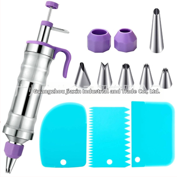 Dekoravimo šautuvas tortams ir sausainiams — rankinis kremas dekoravimo įrankis iš nerūdijančio plieno ir plastiko, modernus minimalistinis dizainas, komplekte antgalis ir maišelis