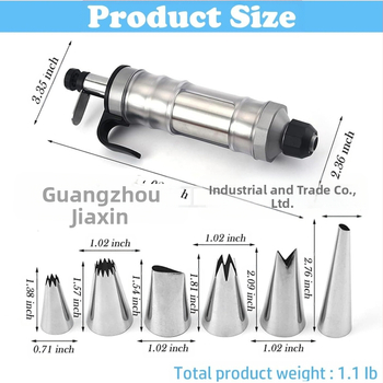 Dekoravimo šautuvas tortams ir sausainiams — rankinis kremas dekoravimo įrankis iš nerūdijančio plieno ir plastiko, modernus minimalistinis dizainas, komplekte antgalis ir maišelis