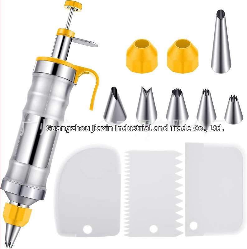 Dekoravimo šautuvas tortams ir sausainiams — rankinis kremas dekoravimo įrankis iš nerūdijančio plieno ir plastiko, modernus minimalistinis dizainas, komplekte antgalis ir maišelis