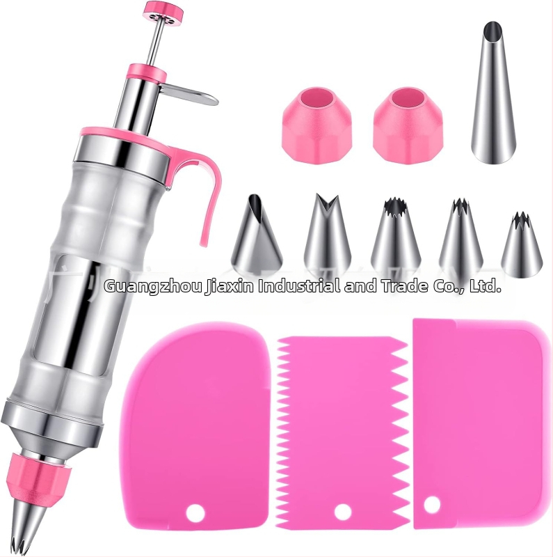 Dekoravimo šautuvas tortams ir sausainiams — rankinis kremas dekoravimo įrankis iš nerūdijančio plieno ir plastiko, modernus minimalistinis dizainas, komplekte antgalis ir maišelis